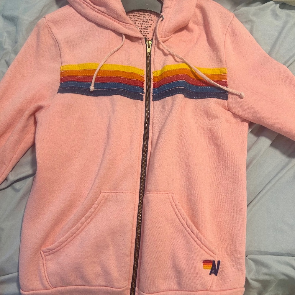 Aviator Nation Pink Hoodie with Rainbow Stripes
